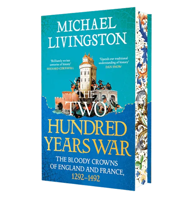 The book cover of "The Two Hundred Years War" by Michael Livingston features a vibrant design with a medieval castle and soldiers on horseback. The title is prominently displayed in bold yellow letters against a blue background, with intricate decorative patterns along the spine.