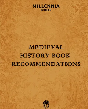 A book cover with an ornate floral pattern features the title "Medieval History Book Recommendations" in bold, black text. The top reads "Millennia Books," and a small emblem is centered at the bottom.