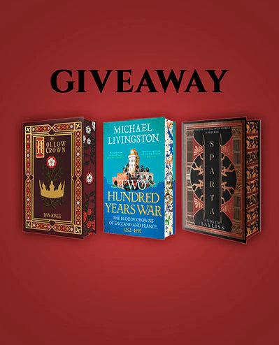 Three historical books are displayed against a red background with the word "GIVEAWAY" above them. The books are "The Hollow Crown" by Dan Jones, "Two Hundred Years War" by Michael Livingston, and "Sparta" by Andrew Bayliss, each with ornate and colorful covers.