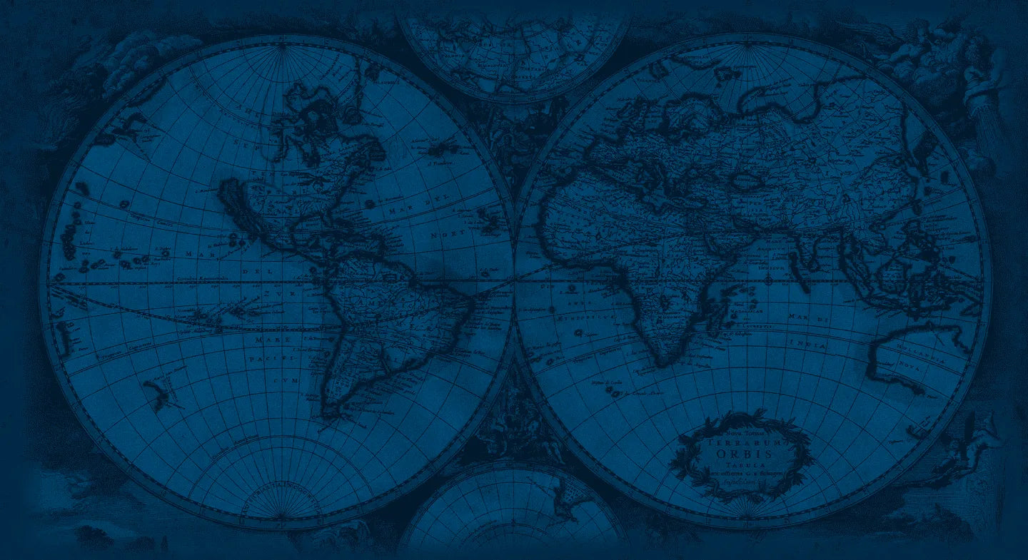 A vintage world map with two hemispheres is displayed in a deep blue tone, featuring detailed geographical markings and ornate decorations around the edges.