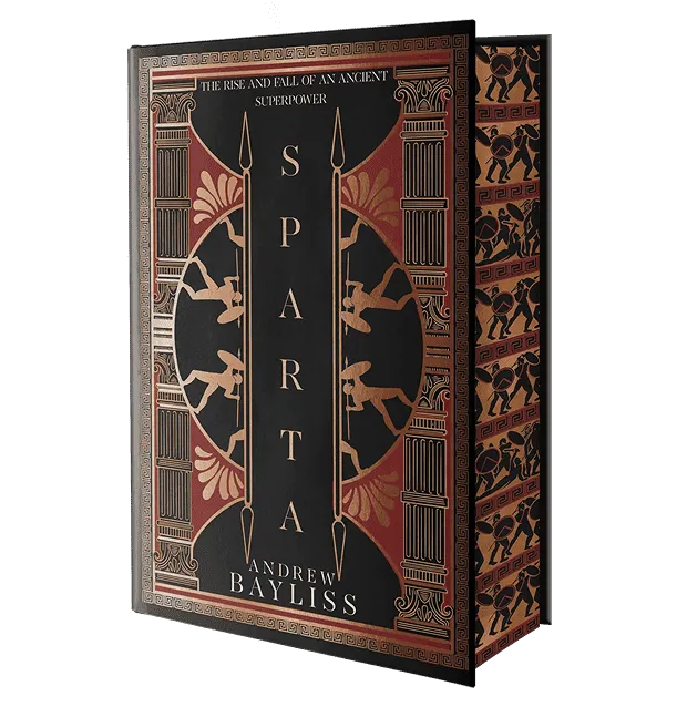 The cover of the book "Sparta" by Andrew Bayliss features a striking design with ancient Greek motifs, including silhouettes of warriors and decorative columns, in black and bronze tones.