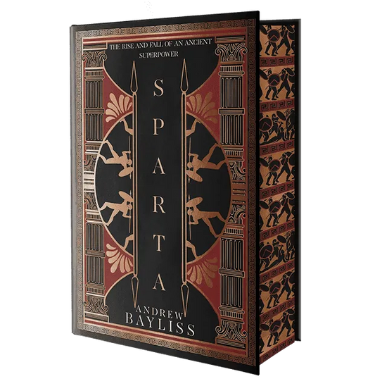 The book cover for "Sparta" by Andrew Bayliss features an ornate design with classical Greek motifs, including stylized warriors and spears, in black and reddish-brown tones. The title and author's name are prominently displayed in the center.