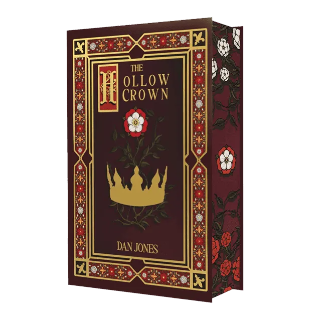 A richly designed book cover for "The Hollow Crown" by Dan Jones, featuring an ornate gold crown and Tudor rose on a deep burgundy background with intricate floral borders.