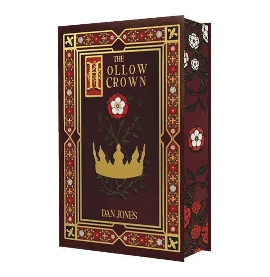 A richly designed book cover for "The Hollow Crown" by Dan Jones, featuring an ornate gold crown and Tudor rose on a deep burgundy background with intricate floral borders.