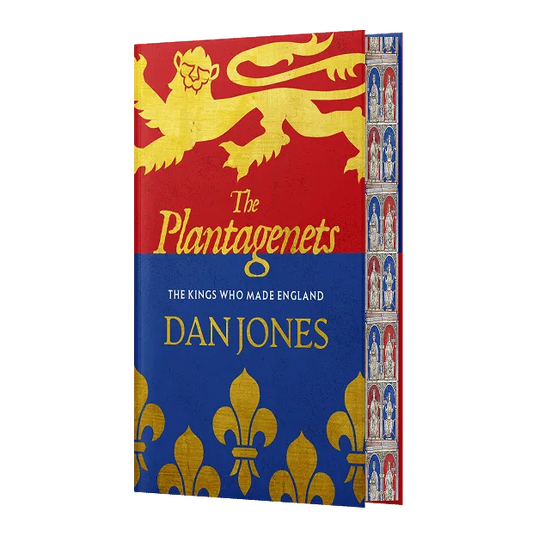 The book cover for "The Plantagenets: The Kings Who Made England" by Dan Jones features a bold red and blue design with a golden lion and fleur-de-lis pattern. A decorative border on the right showcases medieval-style illustrations.